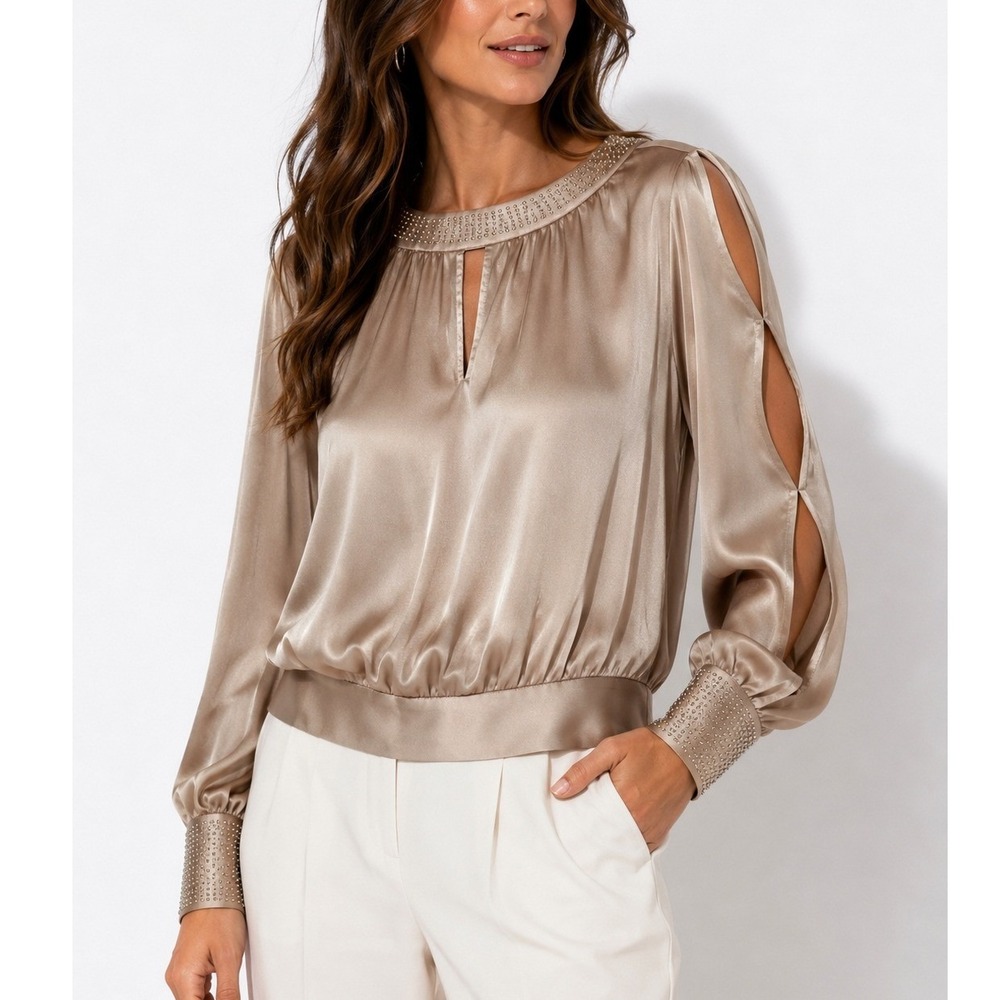 White House Black Market Silk Studded Blouse Champagne Beige Smocked Waist Sz 2